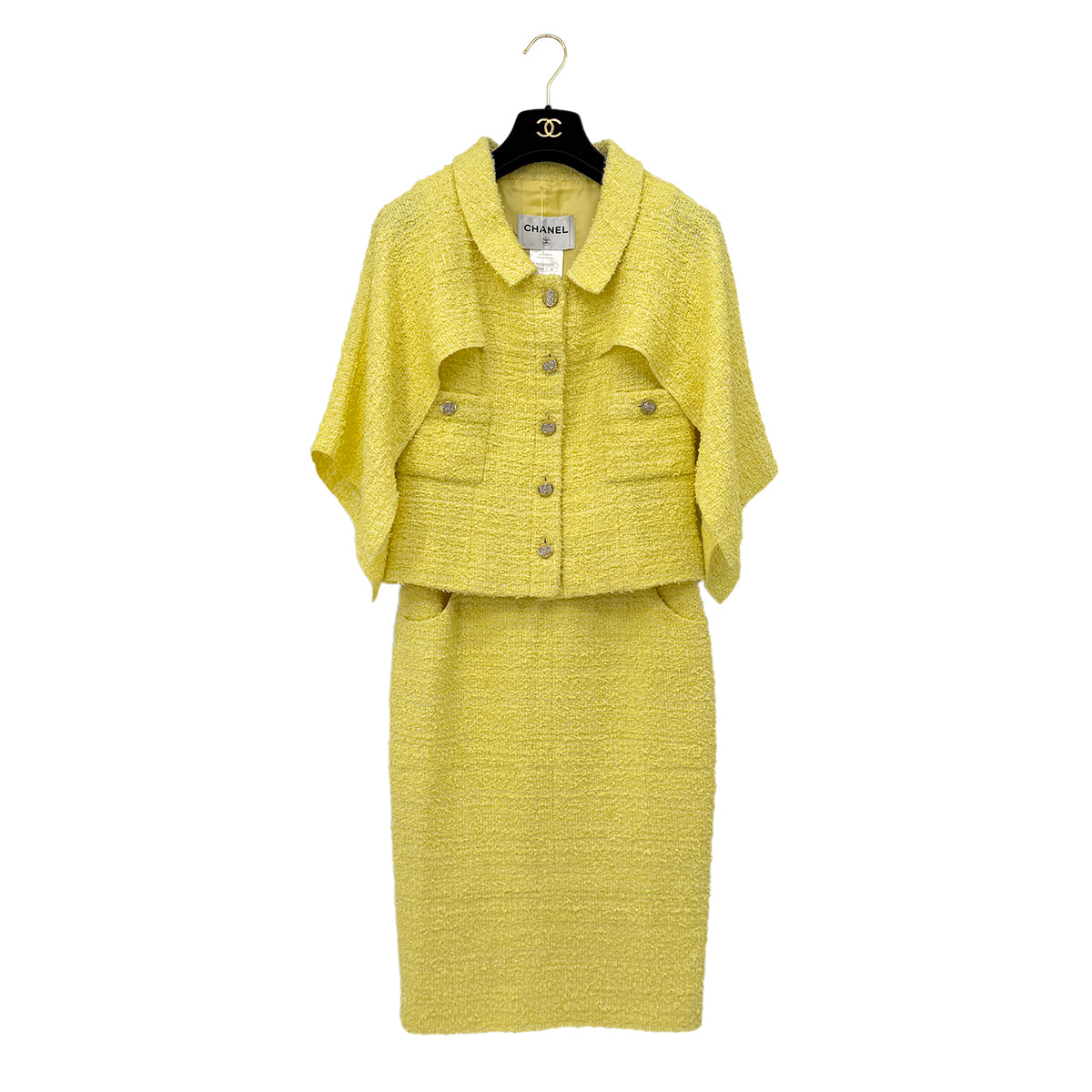 CHANEL TWEED JACKET SKIRT SET COCO BUTTON RHINESTONE YELLOW COTTON 36 P42 RTW 90288977 - PURPOSE