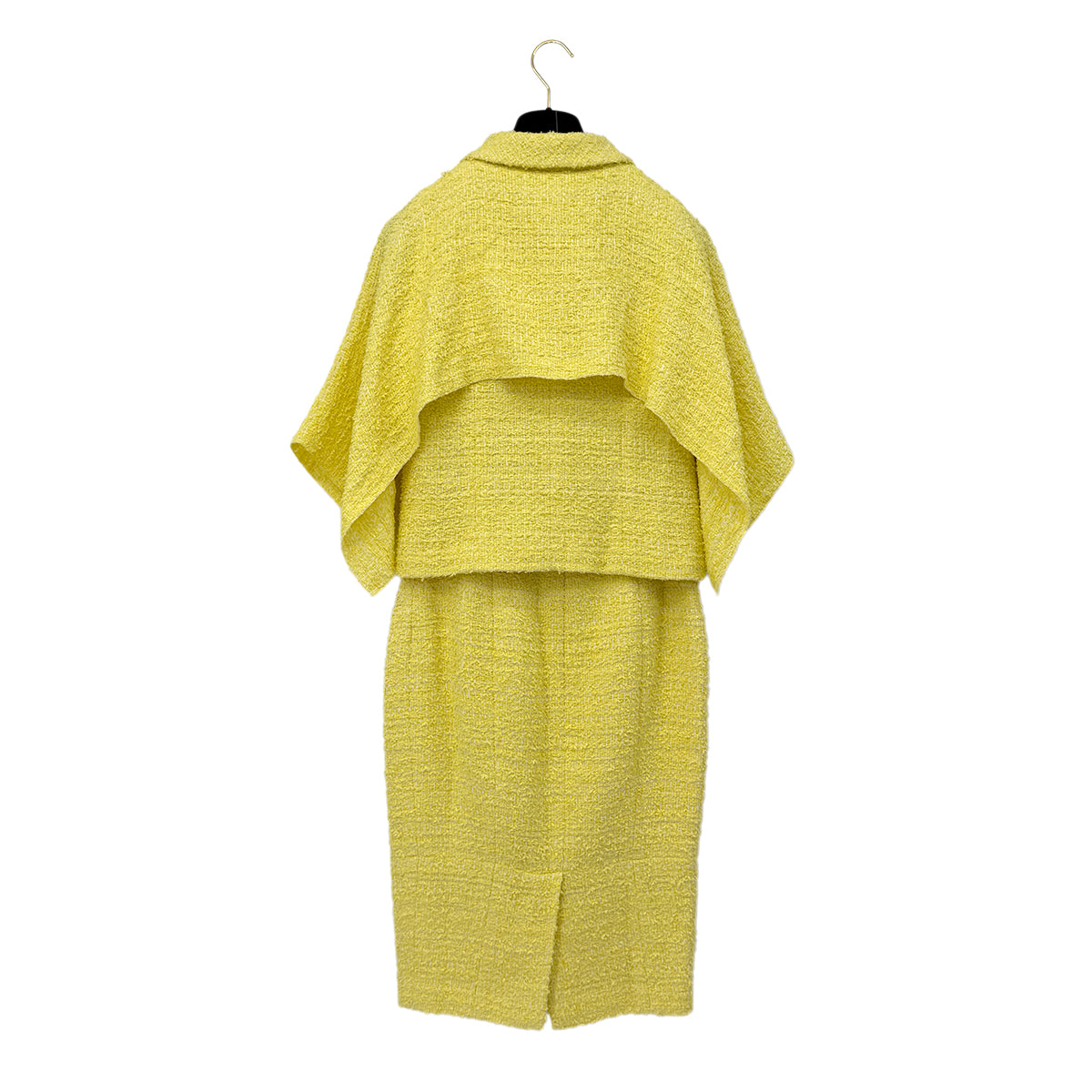 CHANEL TWEED JACKET SKIRT SET COCO BUTTON RHINESTONE YELLOW COTTON 36 P42 RTW 90288977 - PURPOSE