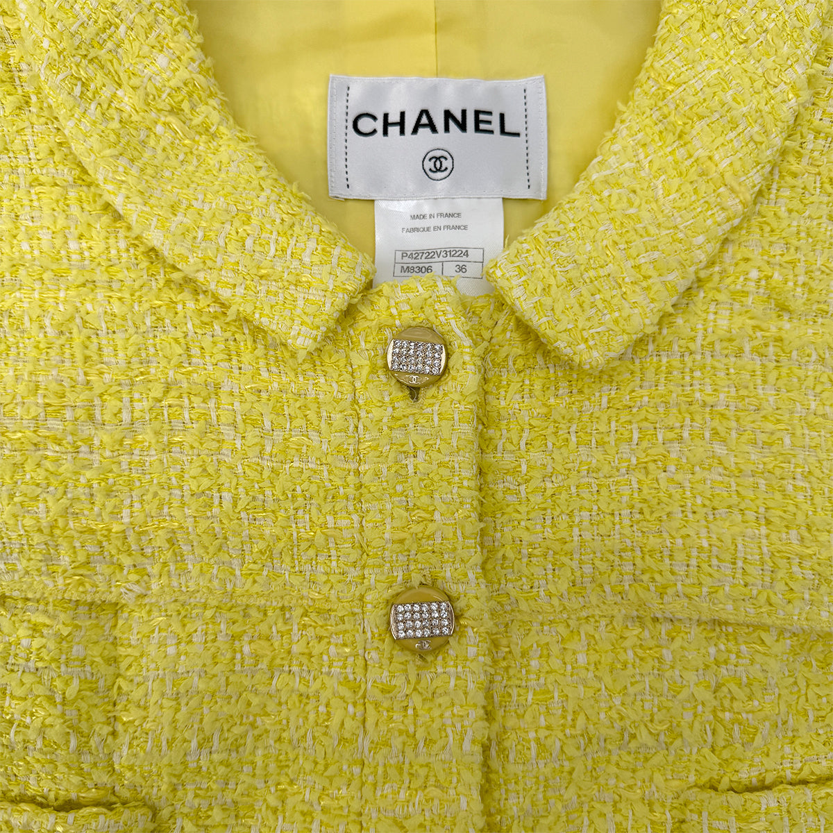 CHANEL TWEED JACKET SKIRT SET COCO BUTTON RHINESTONE YELLOW COTTON 36 P42 RTW 90288977 - PURPOSE