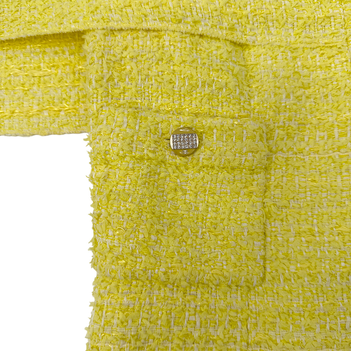 CHANEL TWEED JACKET SKIRT SET COCO BUTTON RHINESTONE YELLOW COTTON 36 P42 RTW 90288977 - PURPOSE