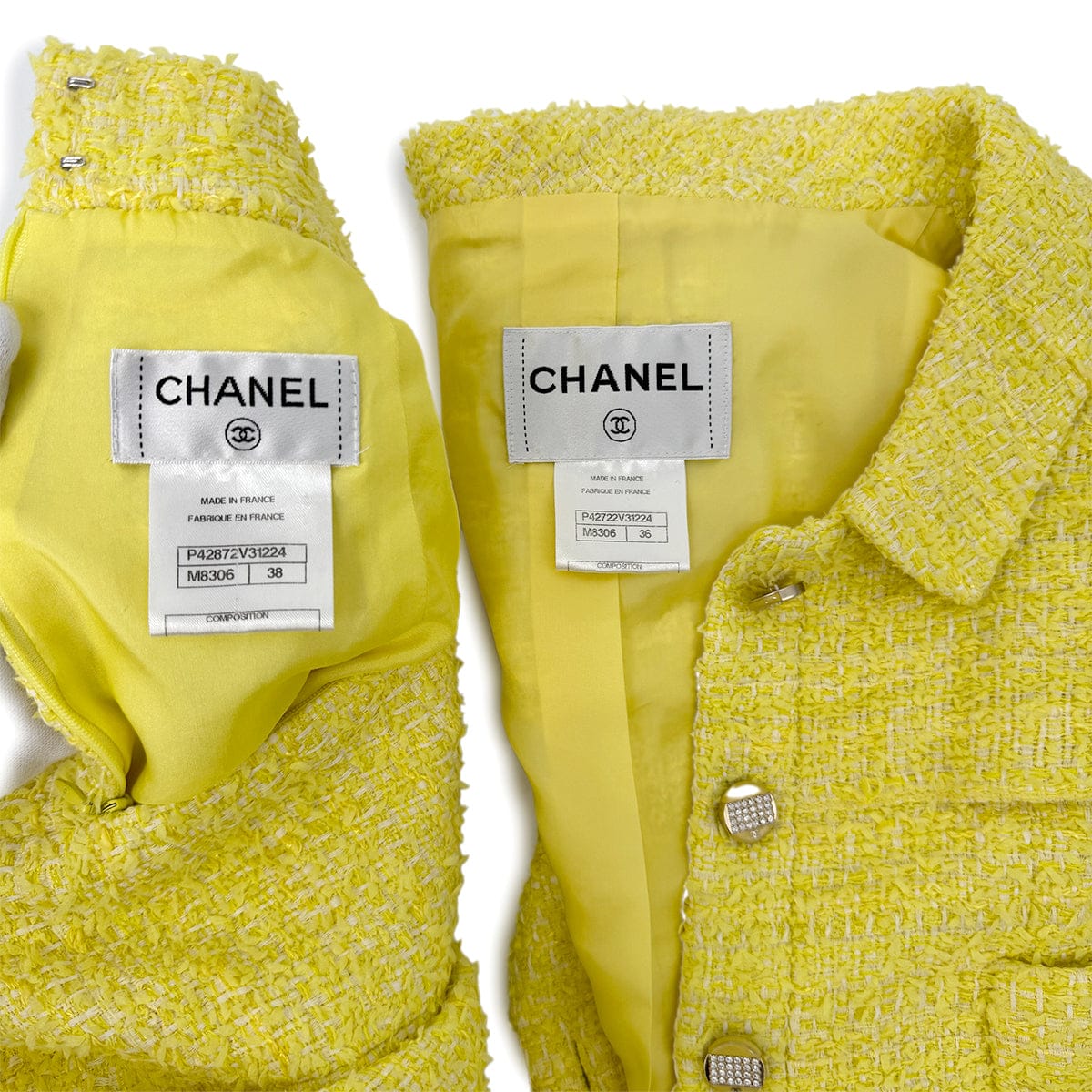CHANEL TWEED JACKET SKIRT SET COCO BUTTON RHINESTONE YELLOW COTTON 36 P42 RTW 90288977 - PURPOSE