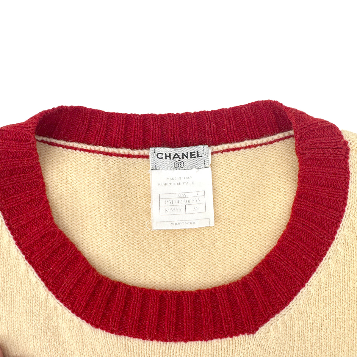 CHANEL VINTAGE 2007 BODER PATERN PENGUIN COCOMARK SWEATER RED IVORY WOOL 36 07A RTW 90289561