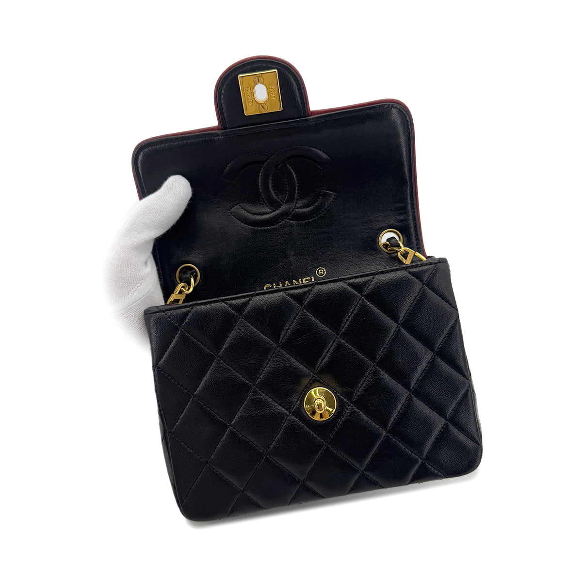 CHANEL VINTAGE MINI SQUARE 17 CHAIN SHOULDER BAG BLACK RED LAMB SKIN 90291370