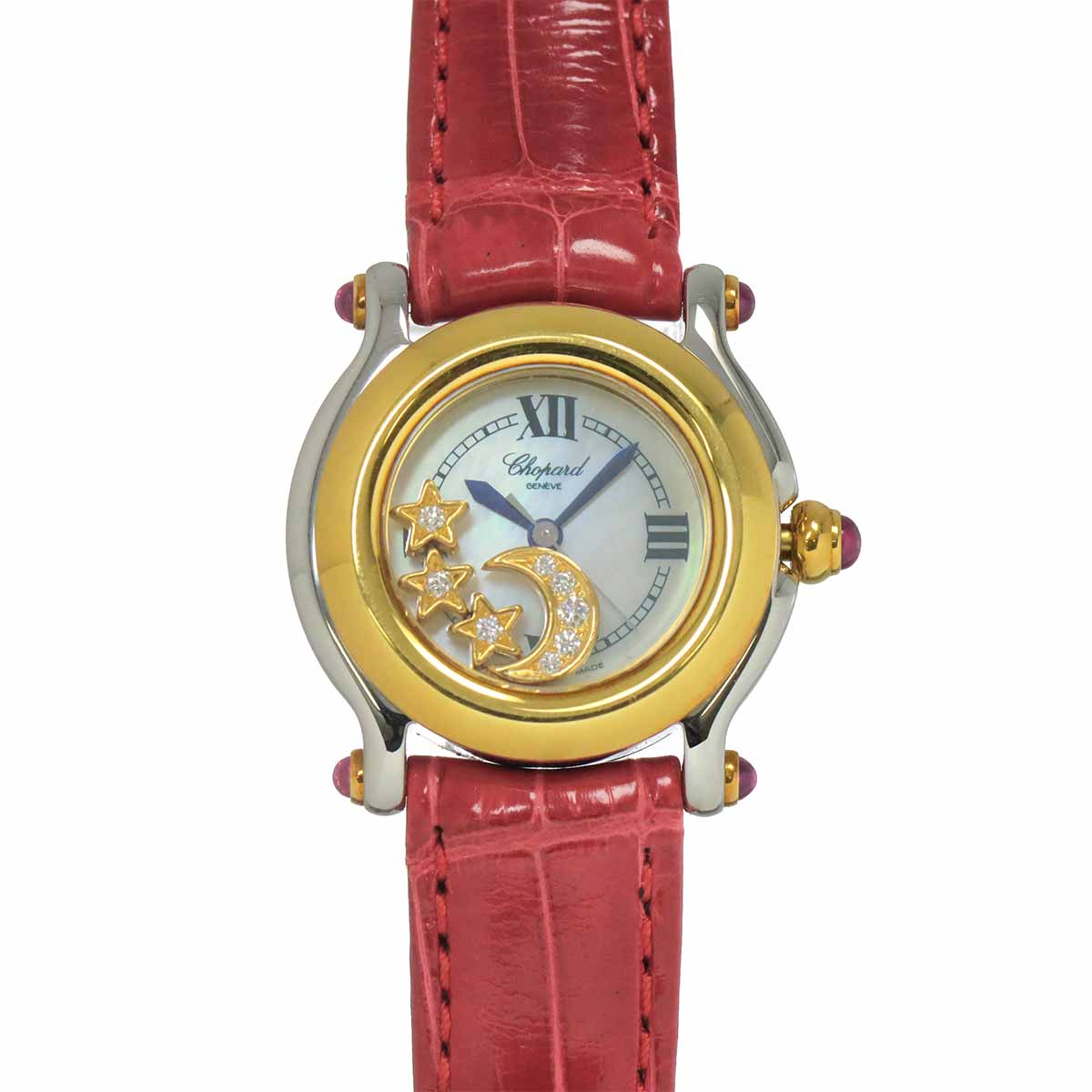 Chopard Happy Sports Two-tone Watch 27 8246 42 Women's Watch with 4 Diamonds, Moon and Stars, White Shell, and Yellow Gold Quartz Movement (90291420)