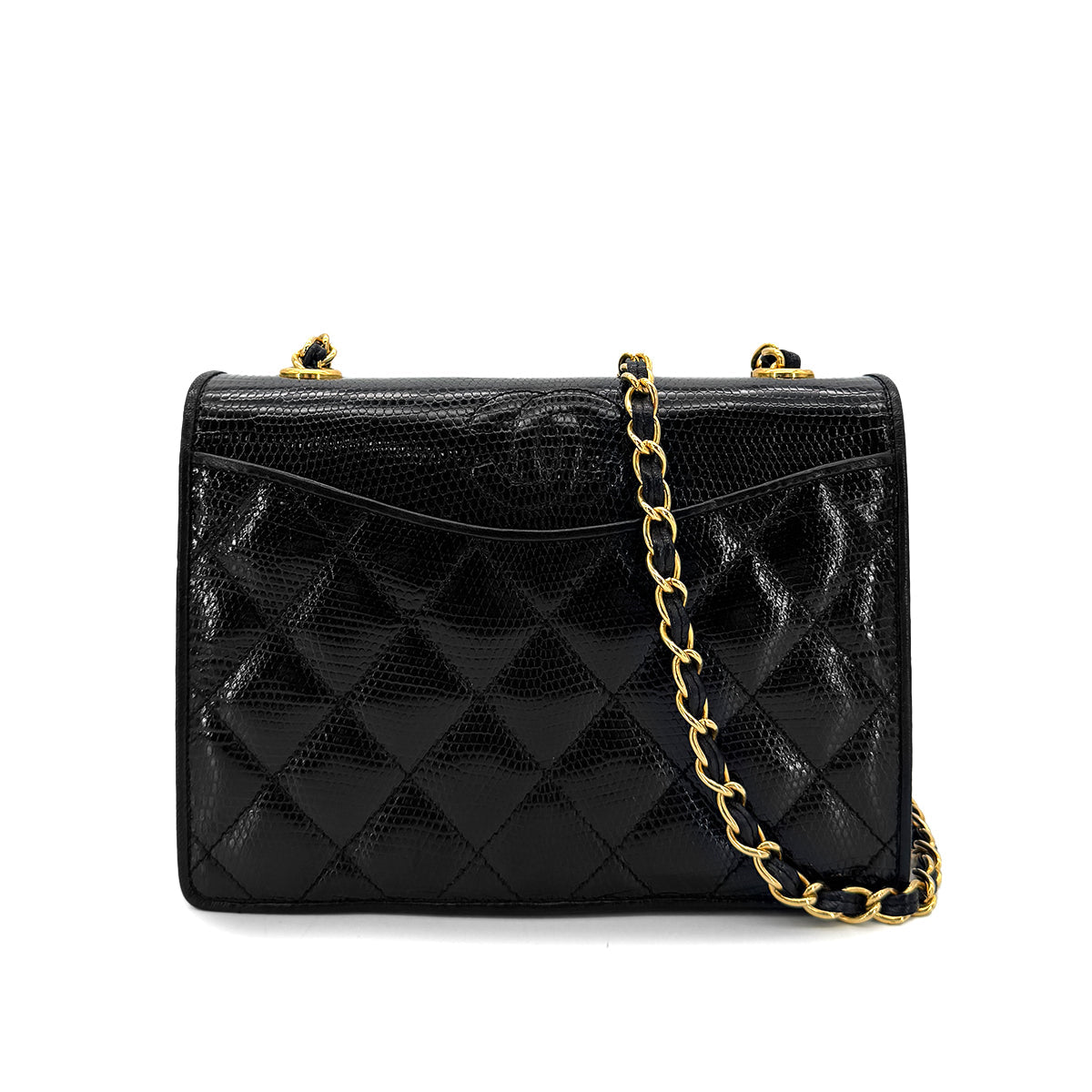 CHANEL VINTAGE MATELASSE CHAIN SHOULDER BAG BLACK LIZARD 90291459