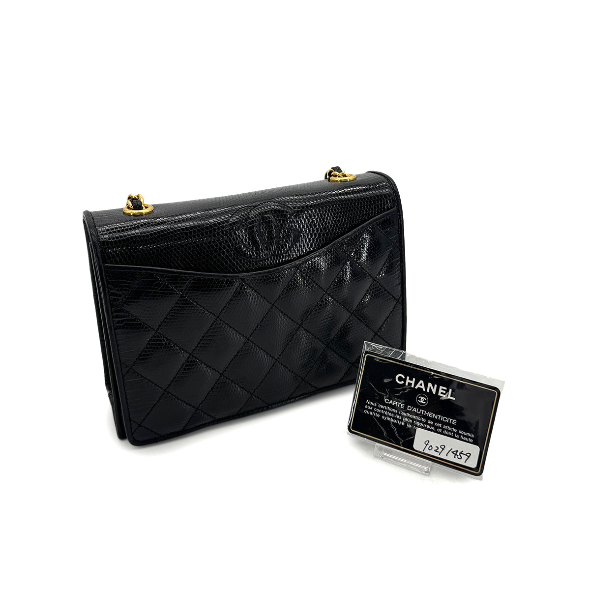 CHANEL VINTAGE MATELASSE CHAIN SHOULDER BAG BLACK LIZARD 90291459