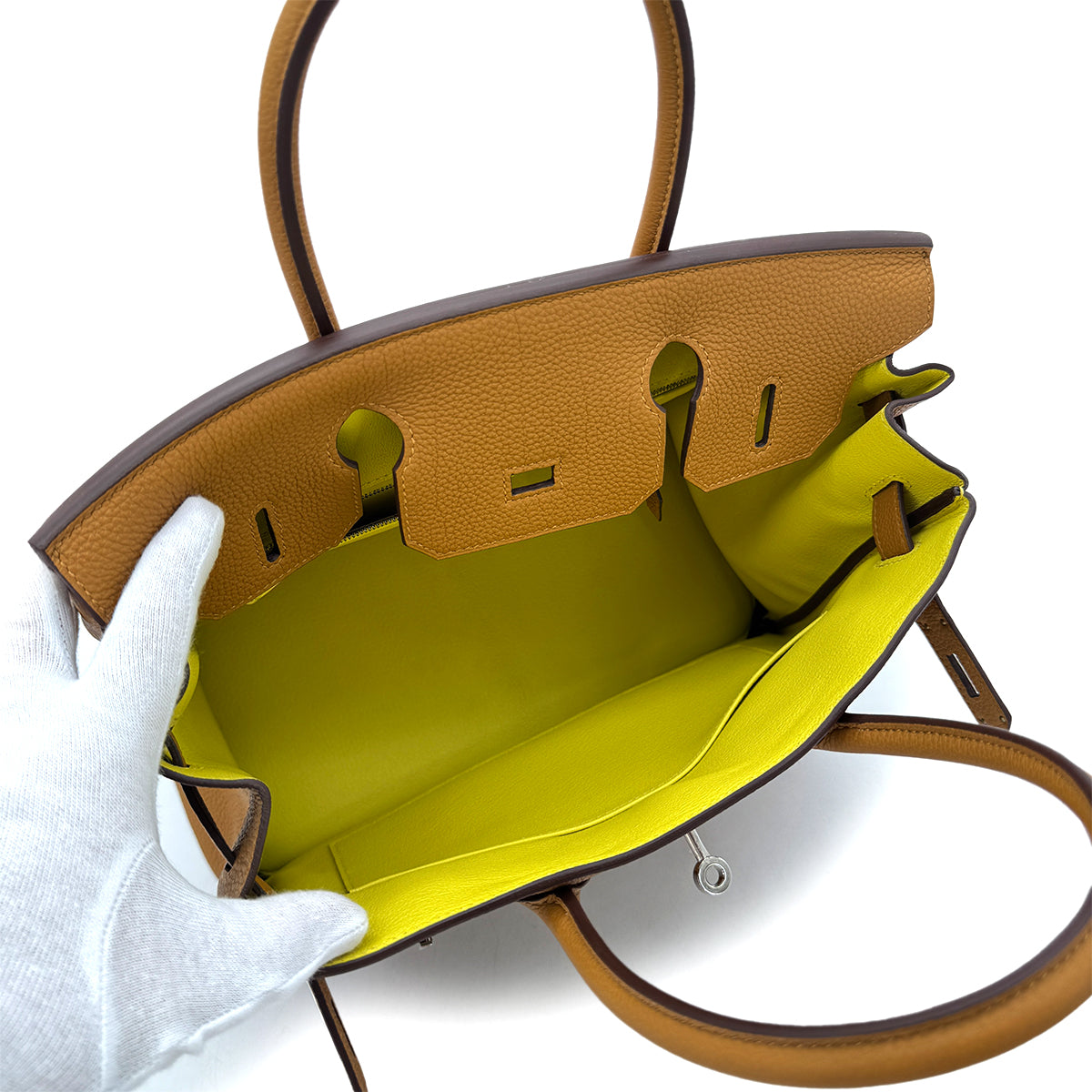 HERMES BIRKIN 30 VERSO CARAMEL LIME TOGO HAND BAG Y PALLADIUM HARDWARE 90292783