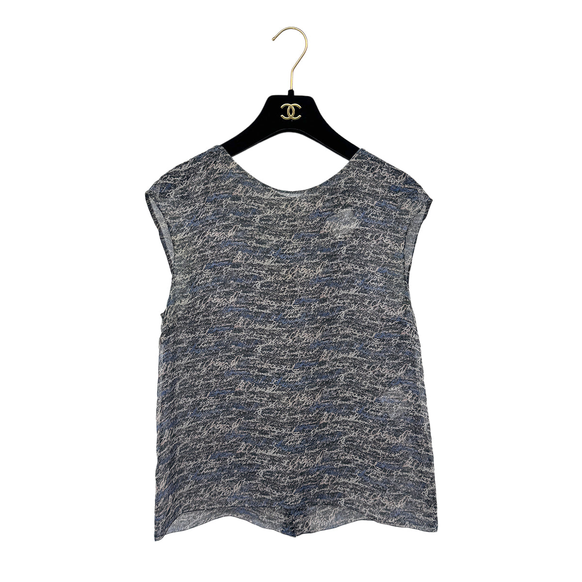 CHANEL LOGO PATTERN SLEEVELESS BLOUSE COCO BUTTON GRAY BLUE SILK 38 P40 RTW 90292791 - PURPOSE