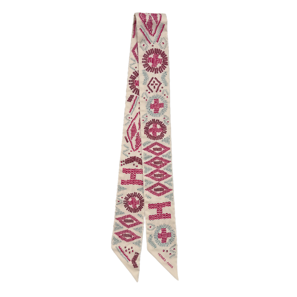 HERMES TWILLY KELLY EN PERLES SCARF IVORY PINK SILK 90295854