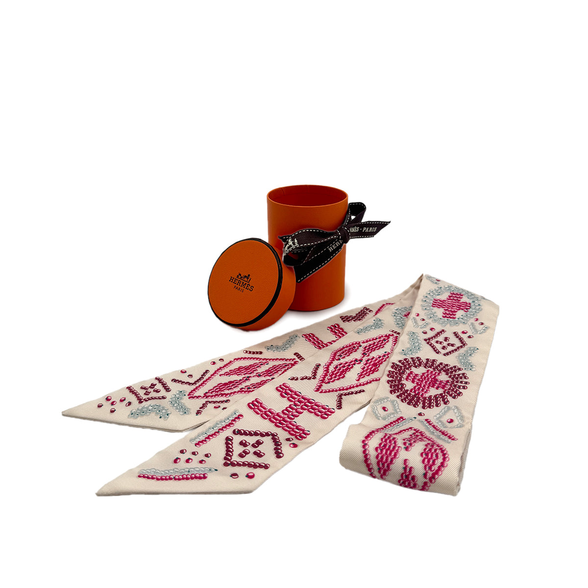 HERMES TWILLY KELLY EN PERLES SCARF IVORY PINK SILK 90295854