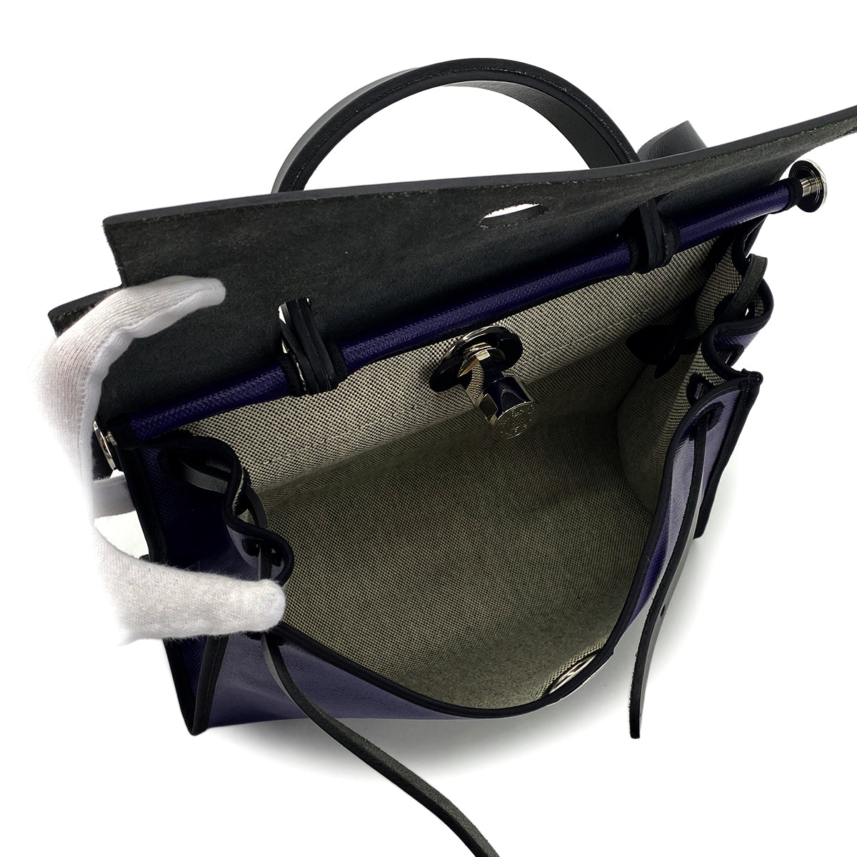 HERMES HER BAG ZIP PM 31 BLEU ENCRE BLACK TOILE H BERLINE VACHE HUNTER HAND SHOULDER BAG C 90296673