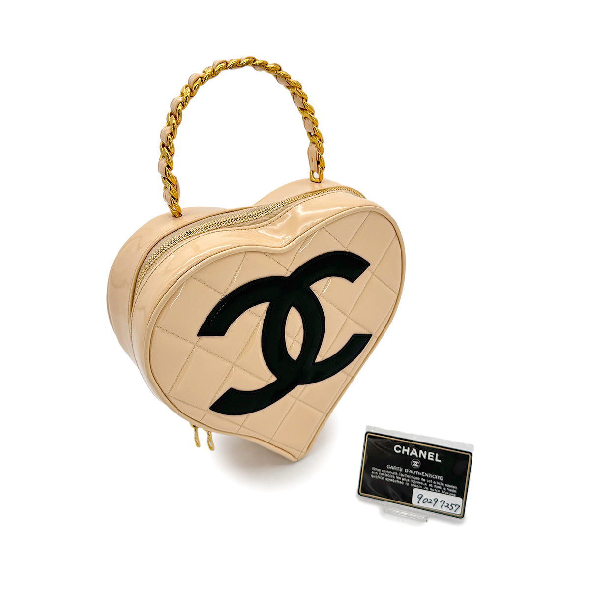 CHANEL VINTAGE MATELASSE HEART VANITY HAND BAG BEIGE BLACK ENAMEL 90297257