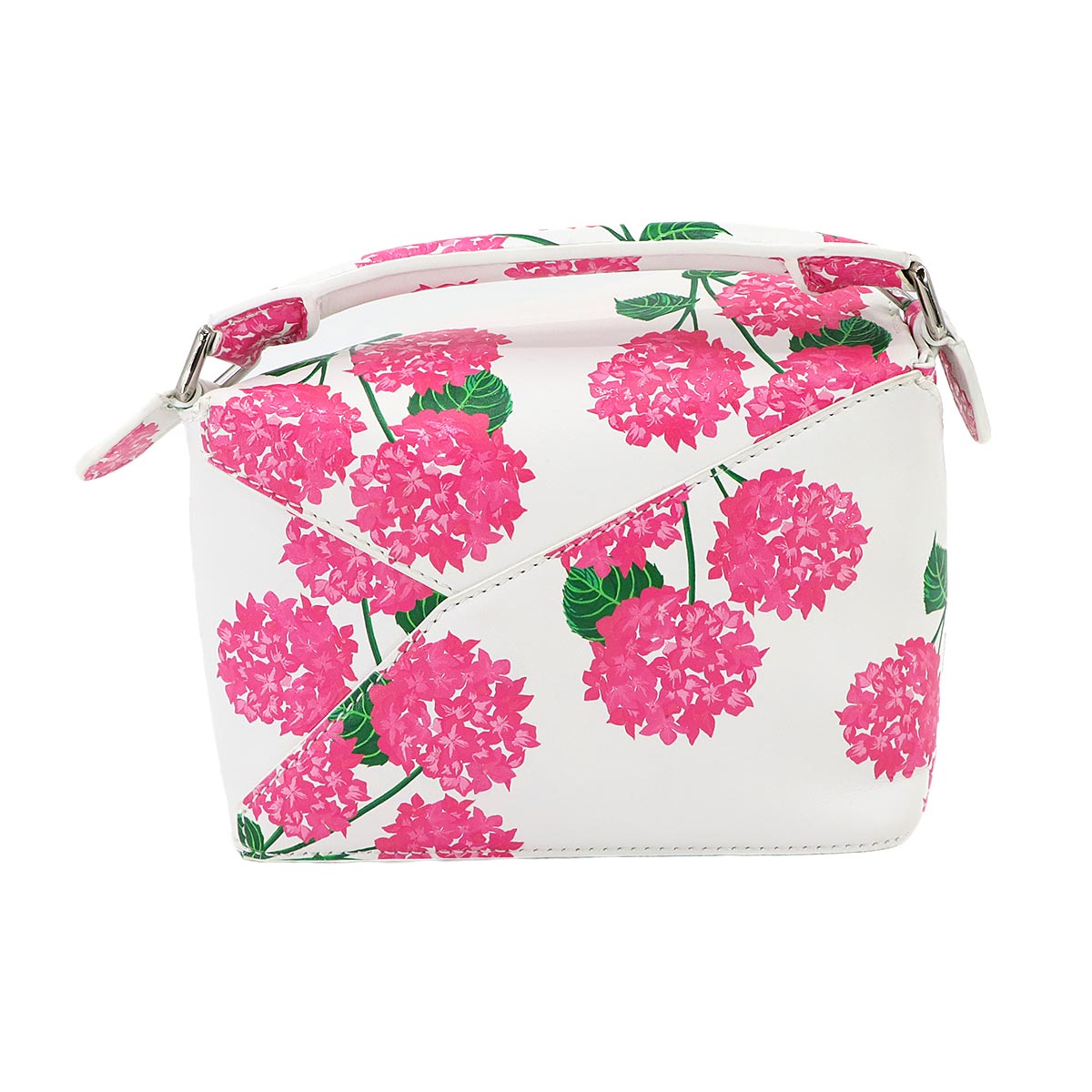 LOEWE Puzzle Bag Mini 2-way hand/shoulder bag in white leather with pink flowers and silver hardware. Item number 90297500