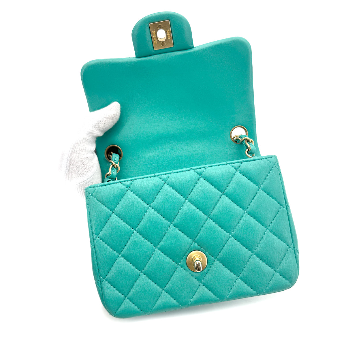 CHANEL MINI MATELASSE 20 CHAIN SHOULDER BAG MINT GREEN LAMB SKIN 90298167