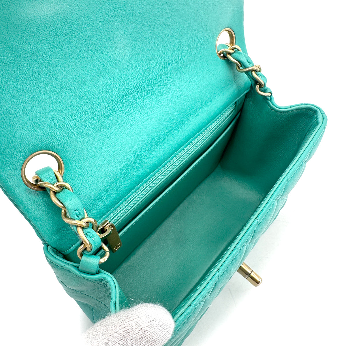 CHANEL MINI MATELASSE 20 CHAIN SHOULDER BAG MINT GREEN LAMB SKIN 90298167