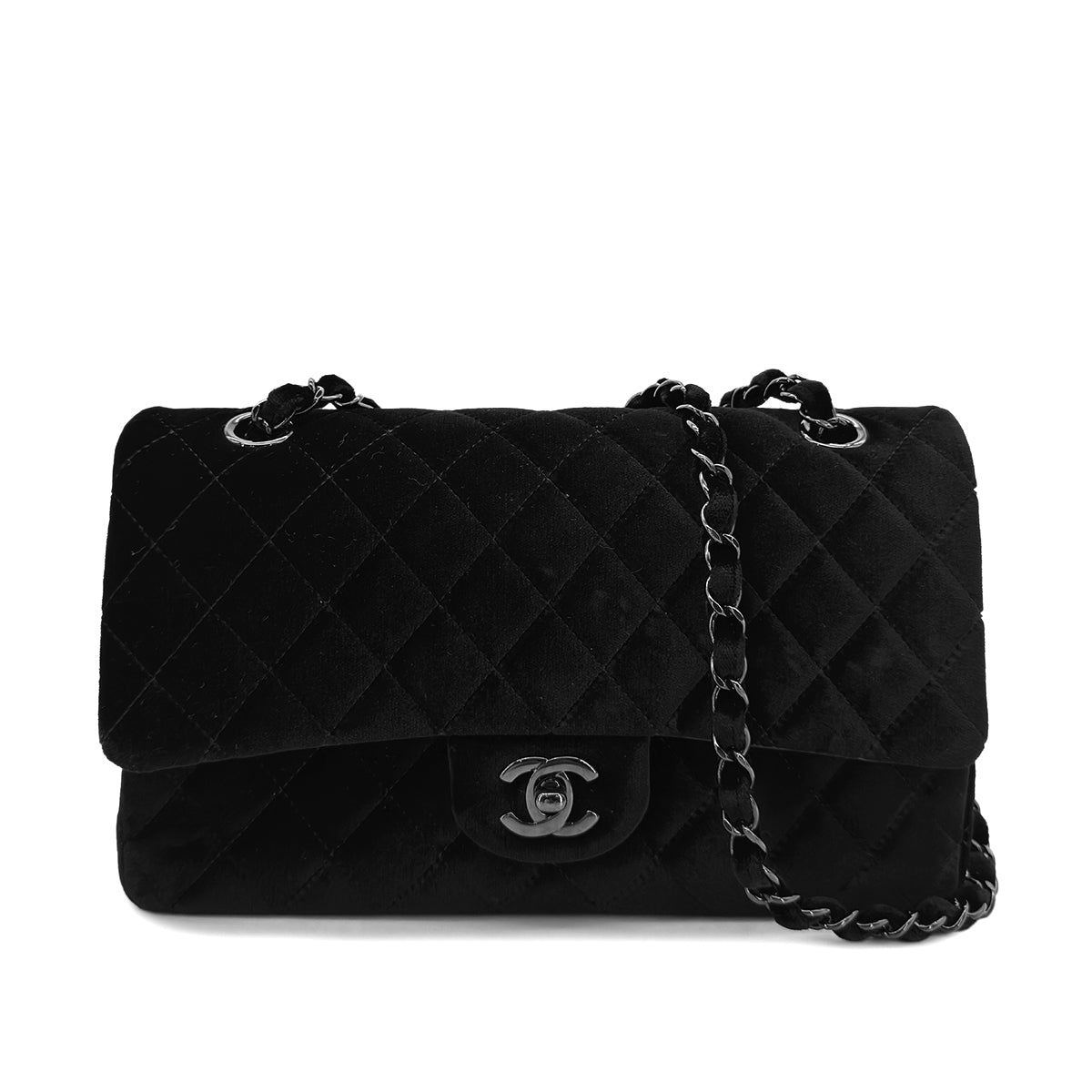 CHANEL CLASSIC FLAP MEDIUM CHAIN SHOULDER BAG BLACK VELOR 90298168