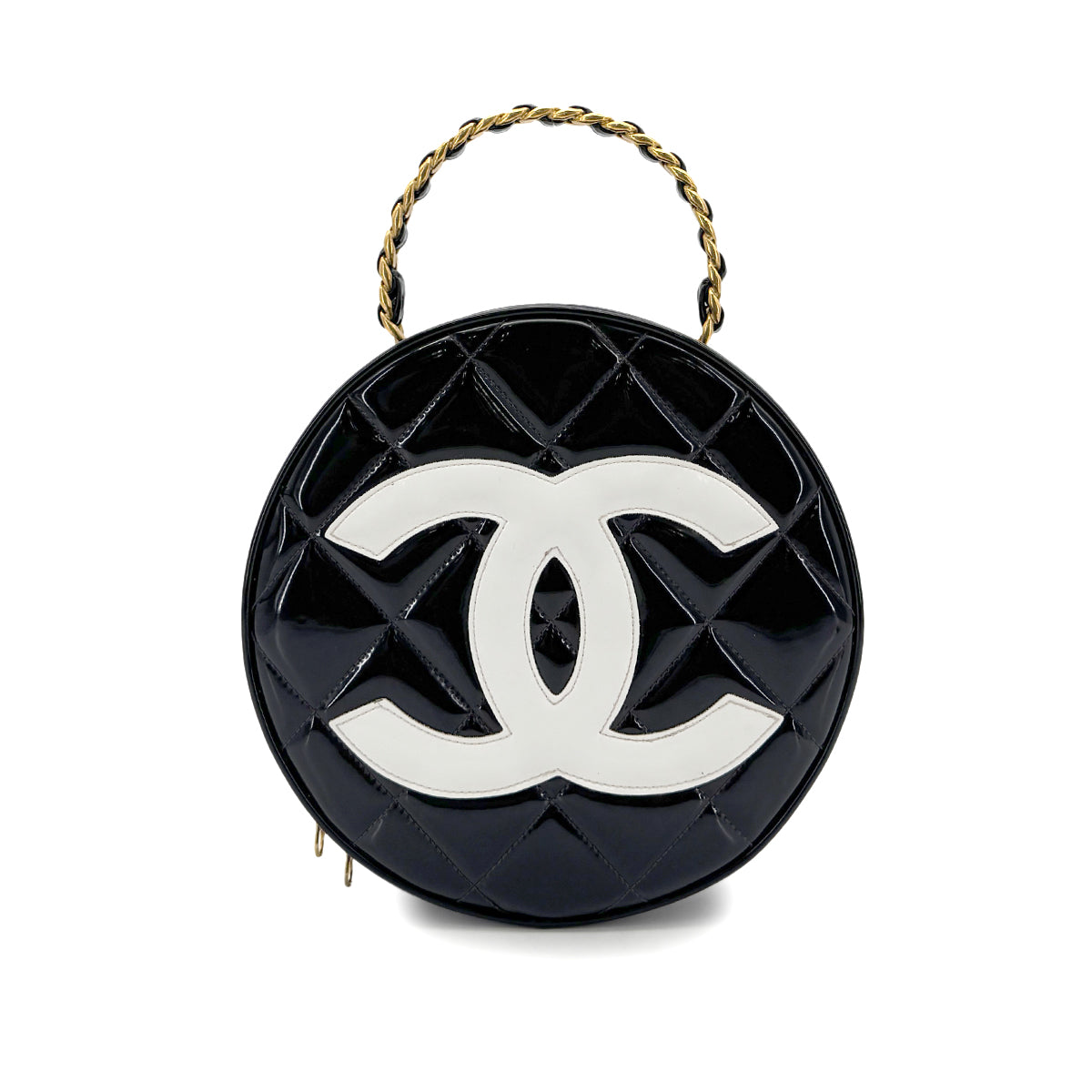 CHANEL VINTAGE ROUND VANITY HAND BAG BLACK ENAMEL 90298334