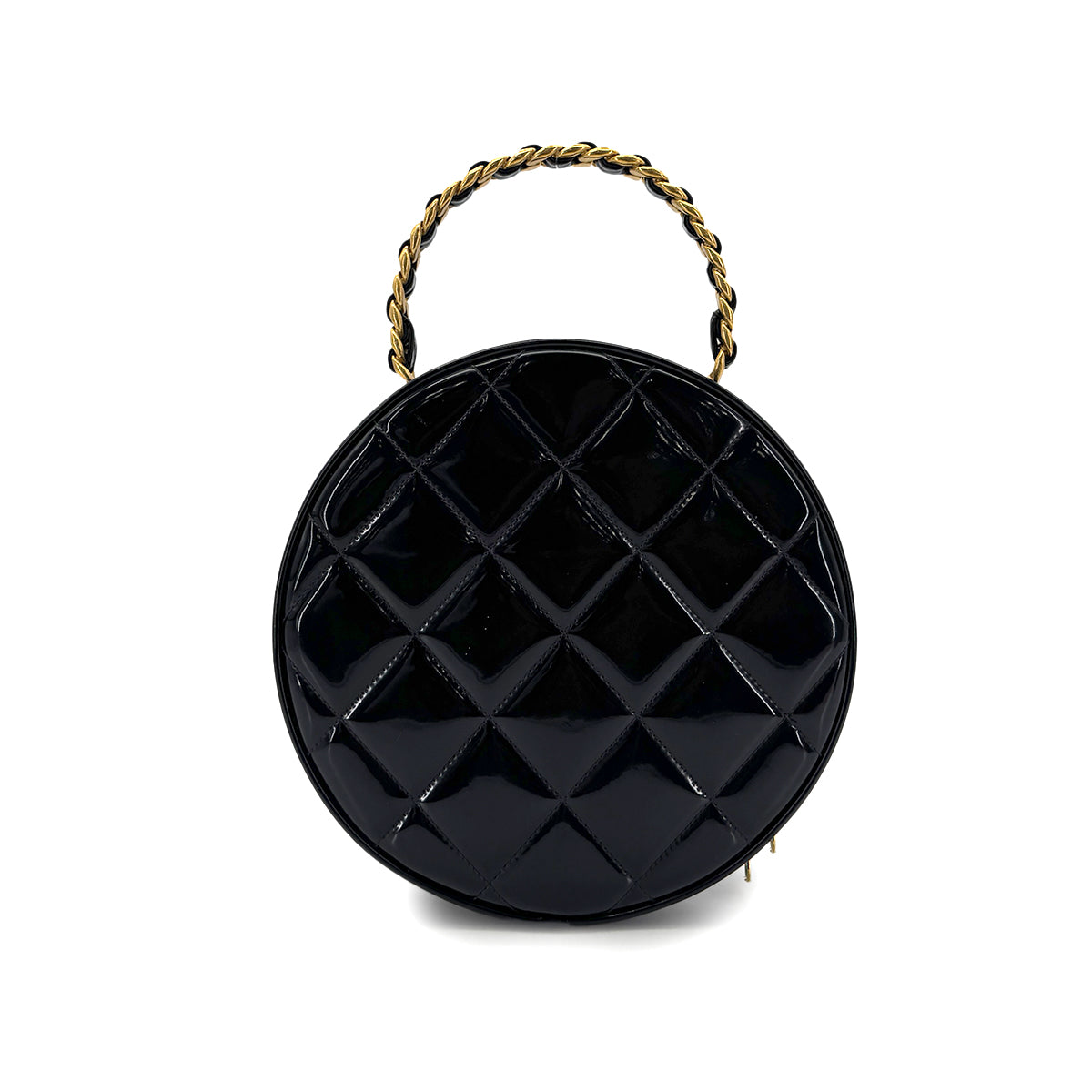 CHANEL VINTAGE ROUND VANITY HAND BAG BLACK ENAMEL 90298334