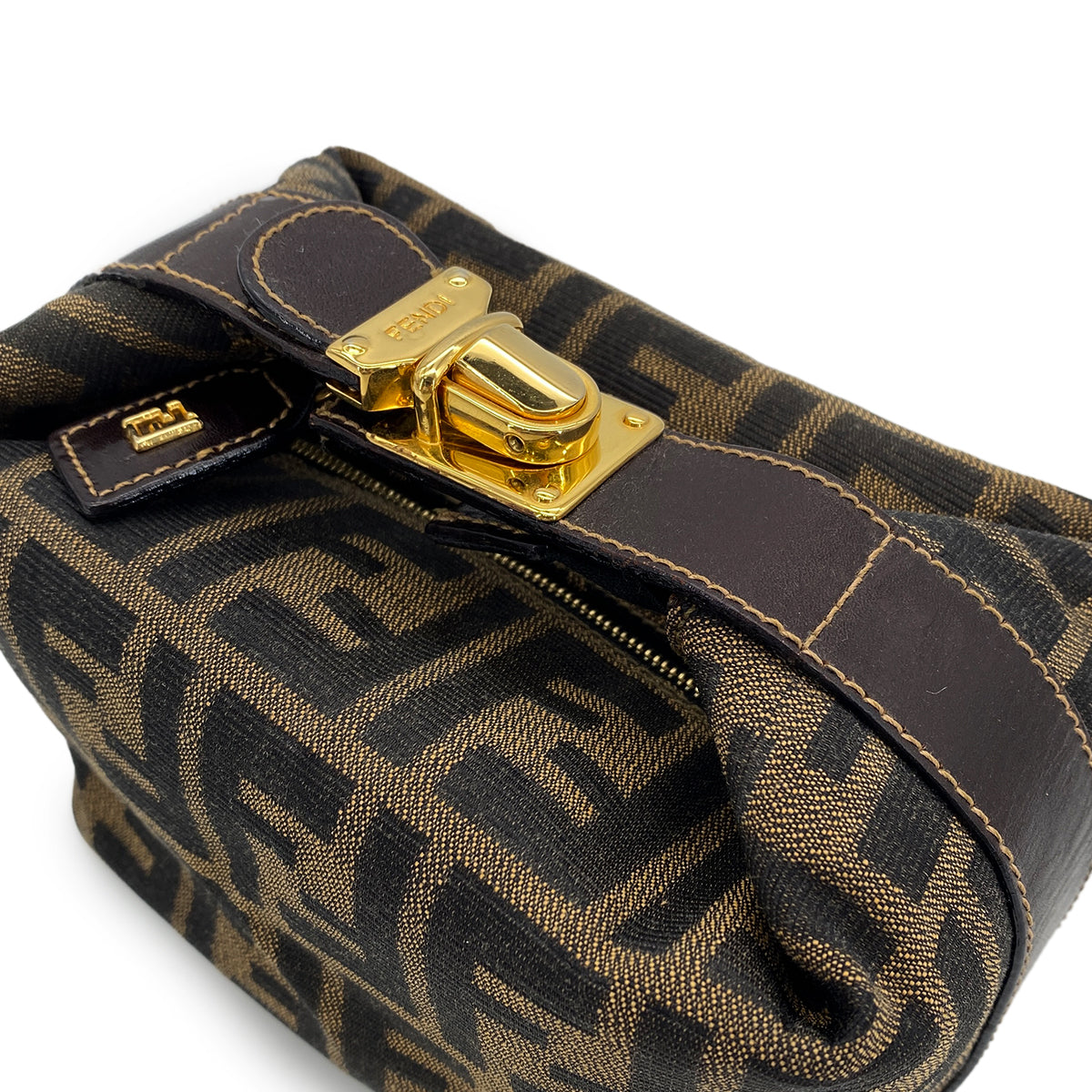 FENDI ZUCCA POUCH HAND BAG BROWN BLACK CANVAS LEATHER 90299060