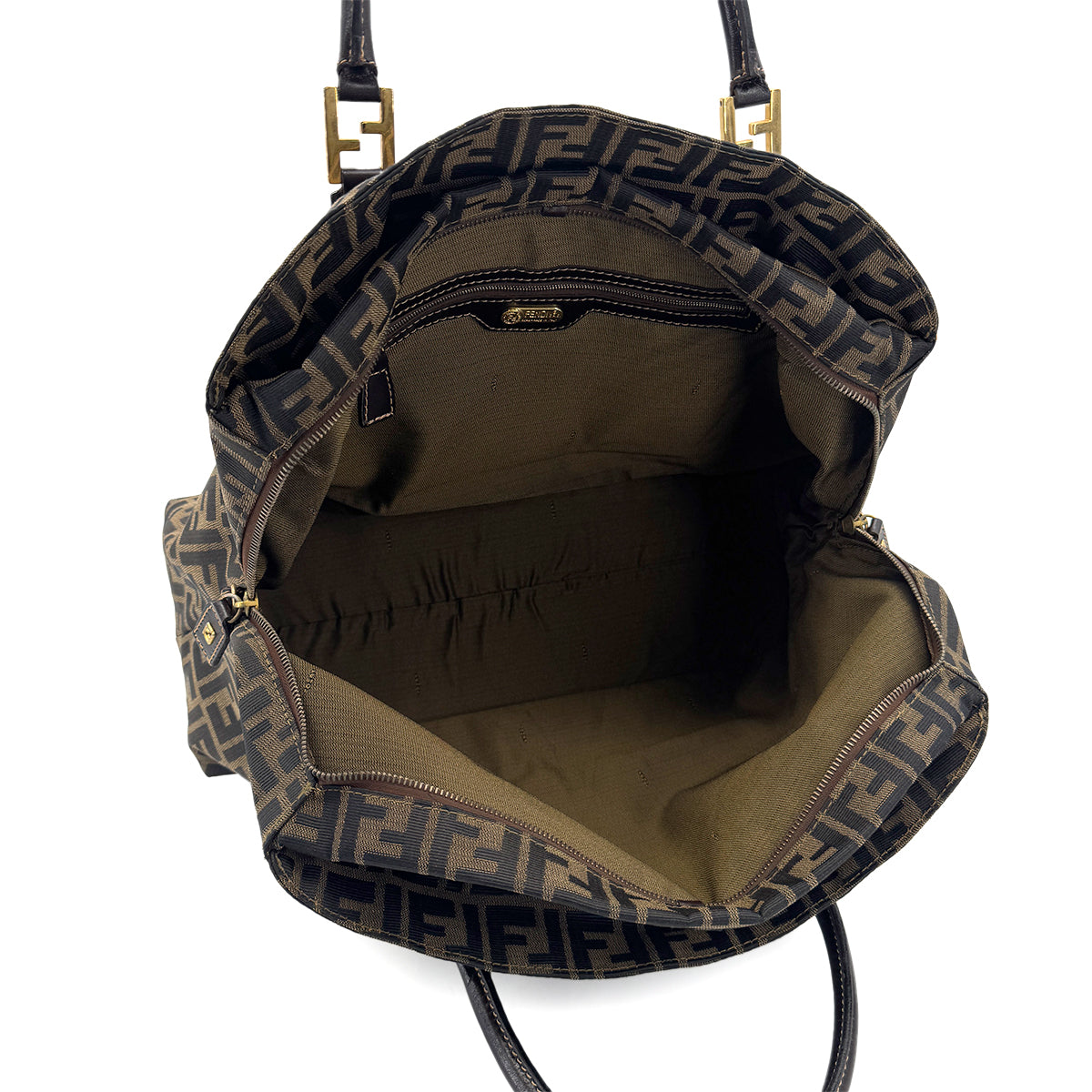 FENDI ZUCCA TOTE SHOULDER BAG BROWN BLACK CANVAS LEATHER 90299167
