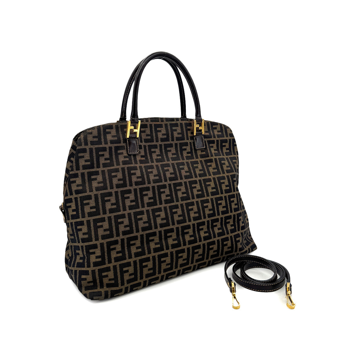 FENDI ZUCCA TOTE SHOULDER BAG BROWN BLACK CANVAS LEATHER 90299167