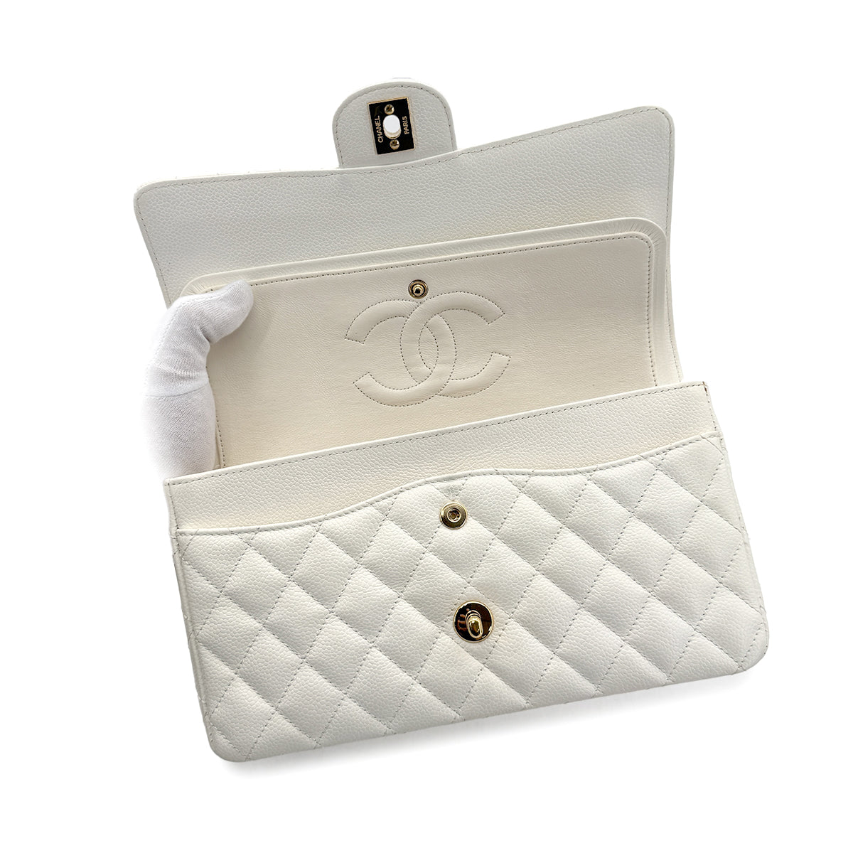 CHANEL VINTAGE CLASSIC FLAP MEDIUM CHAIN SHOULDER BAG WHITE CAVIAR SKIN 90301011