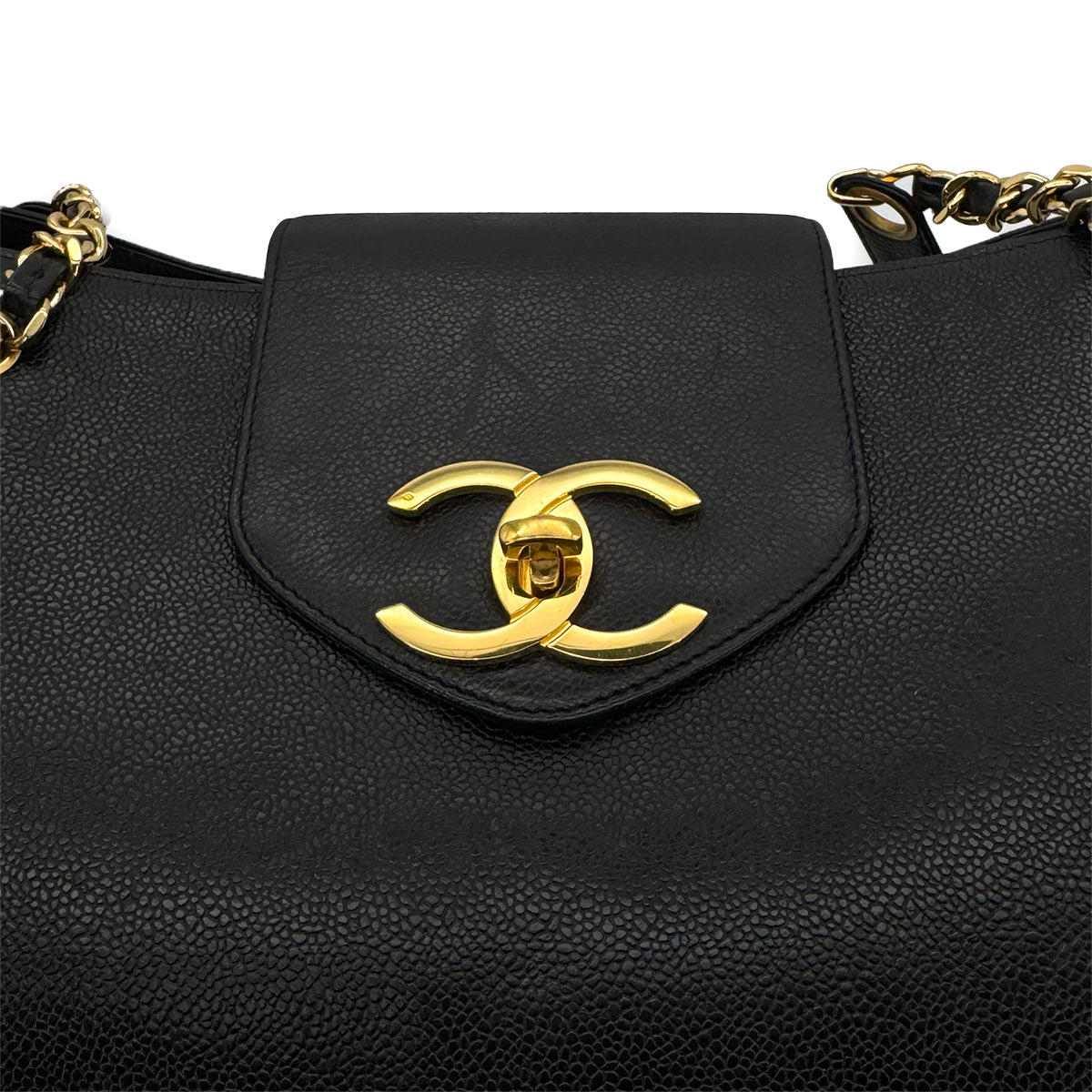 CHANEL VINTAGE SUPER MODEL BIG COCO CHAIN TOTE BAG BLACK CAVIAR SKIN 90301739
