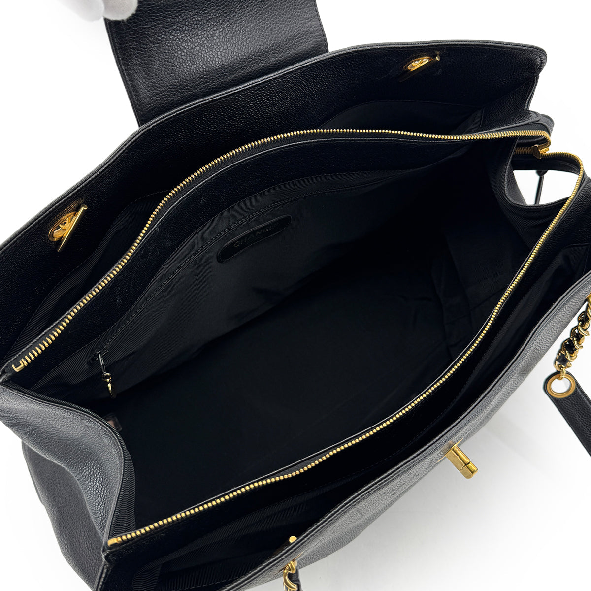 CHANEL VINTAGE SUPER MODEL BIG COCO CHAIN TOTE BAG BLACK CAVIAR SKIN 90301739