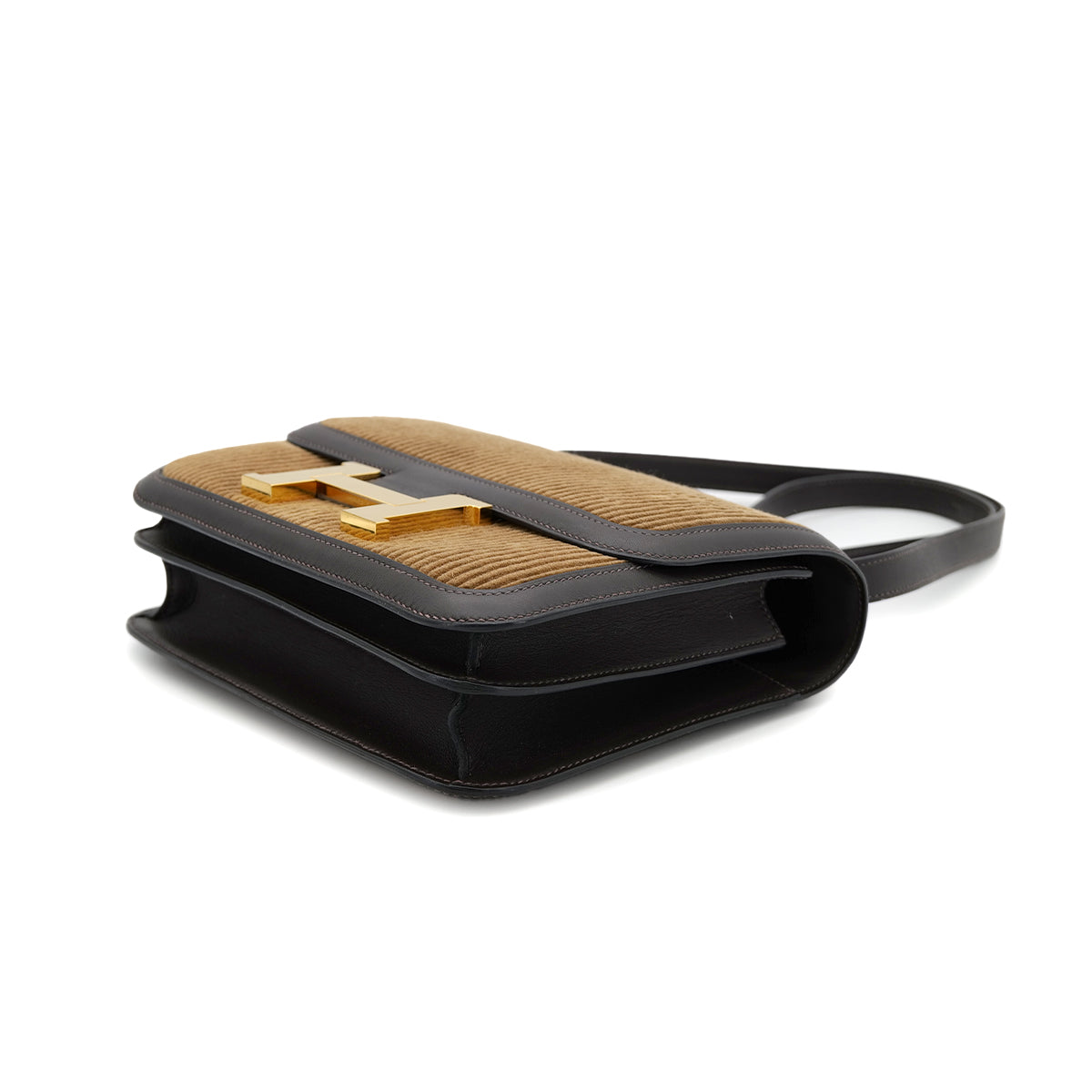 HERMES CONSTANCE 23 TABAC CAMEL EBENE CORDUROY SWIFT SHOULDER BAG D GHW 90302183