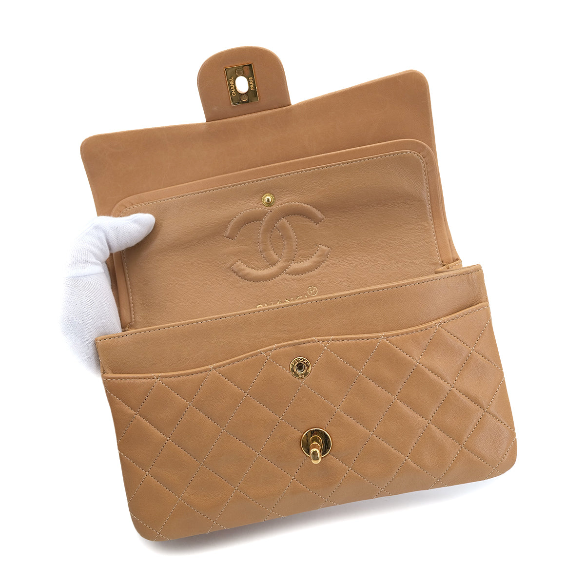 CHANEL VINTAGE CLASSIC FLAP SMALL CHAIN SHOULDER BAG CAMEL LAMB SKIN 90302649