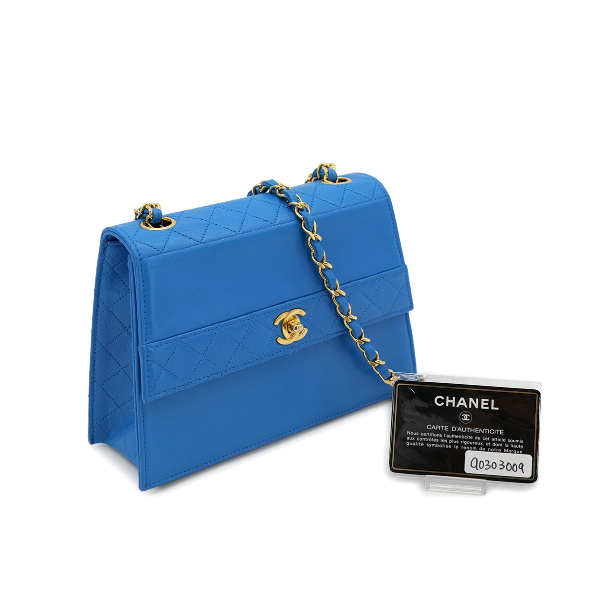 CHANEL VINTAGE MATELASSE TRAPEZOID CHAIN SHOULDER BAG BLUE LAMB SKIN 90303009