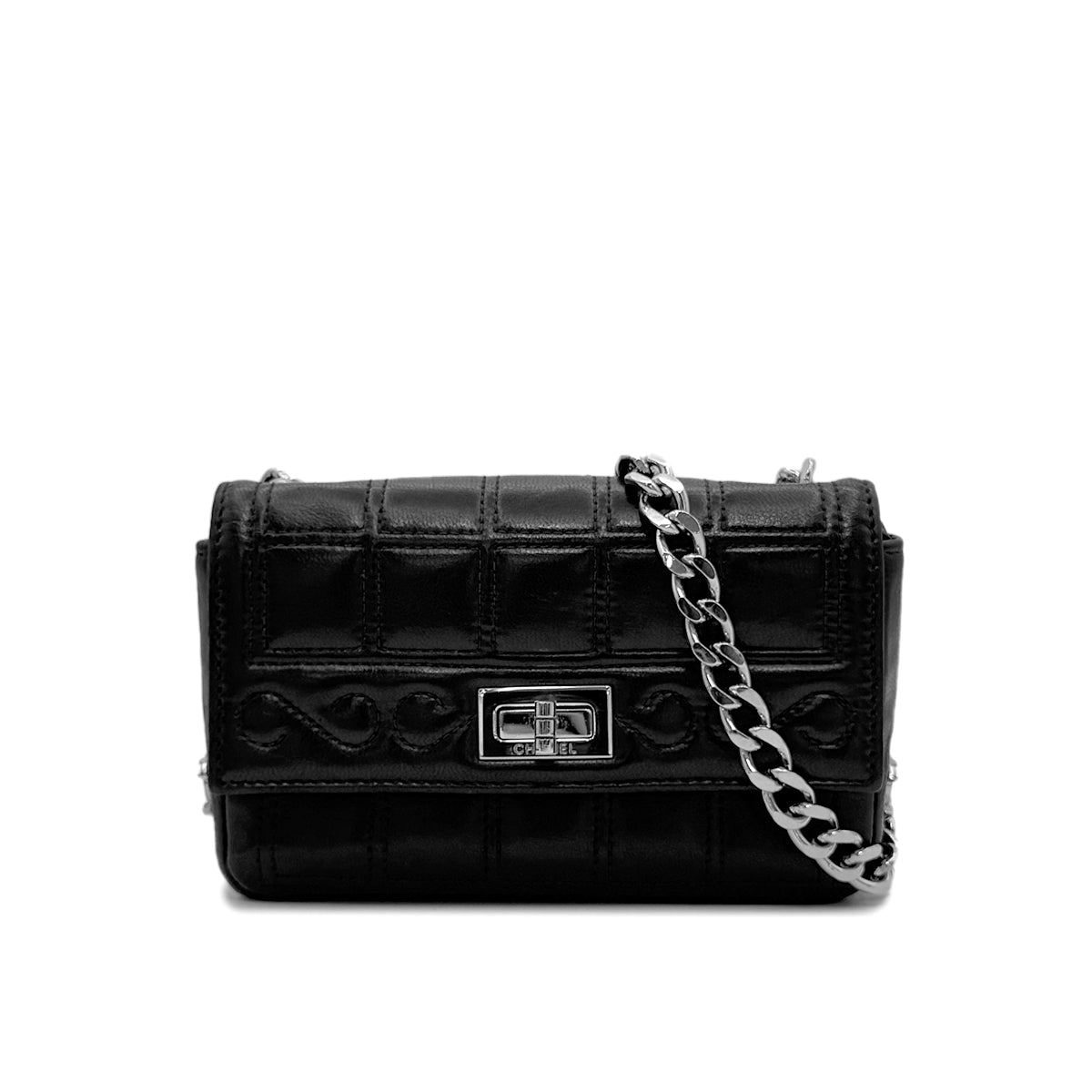 CHANEL VINTAGE 2.55 CHOCOLATE BAR MINI CHAIN SHOULDER BAG BLACK LAMB SKIN 90303020