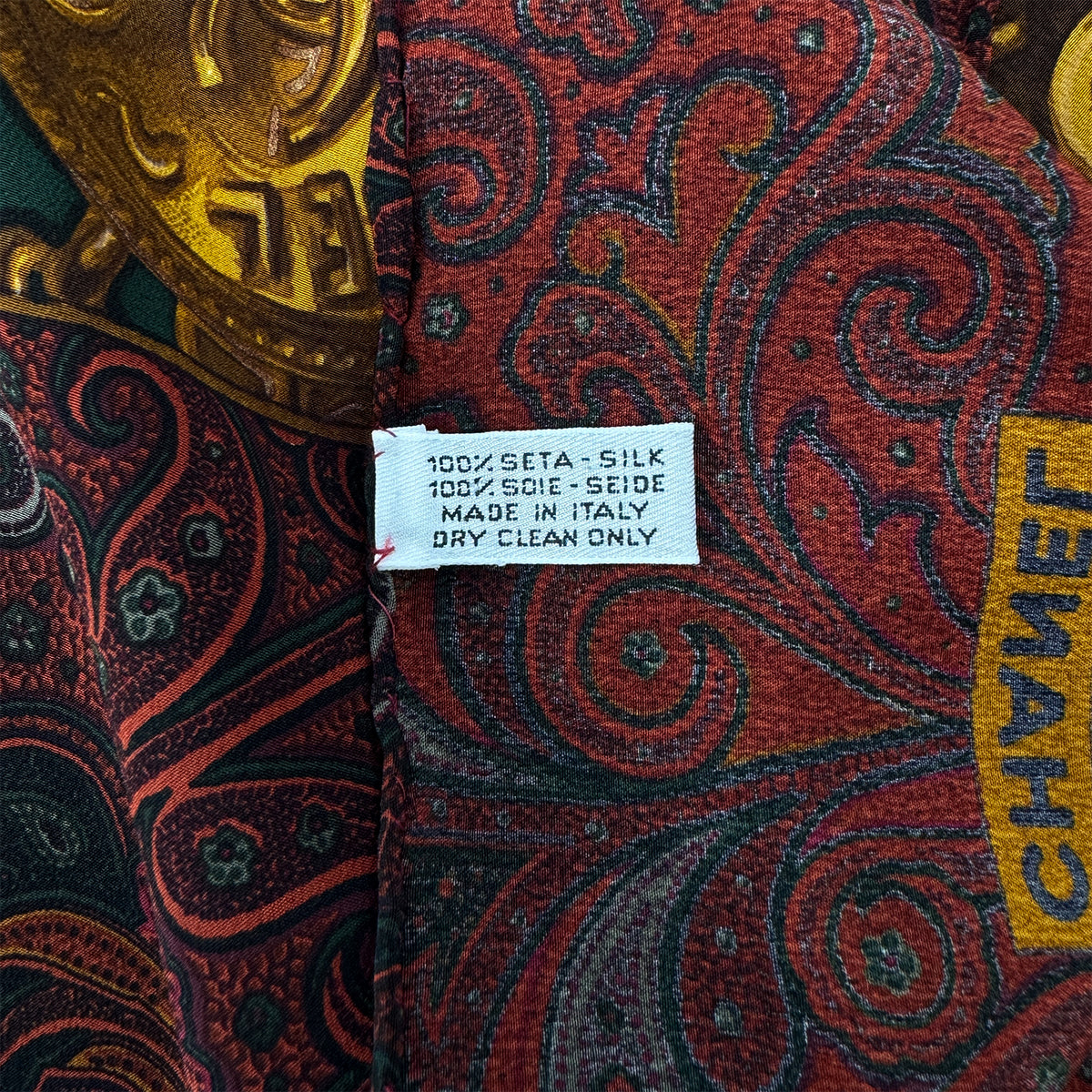 CHANEL VINTAGE SCARF COCOMARK PAISLEY PATTERN RED GOLD SILK 90303318