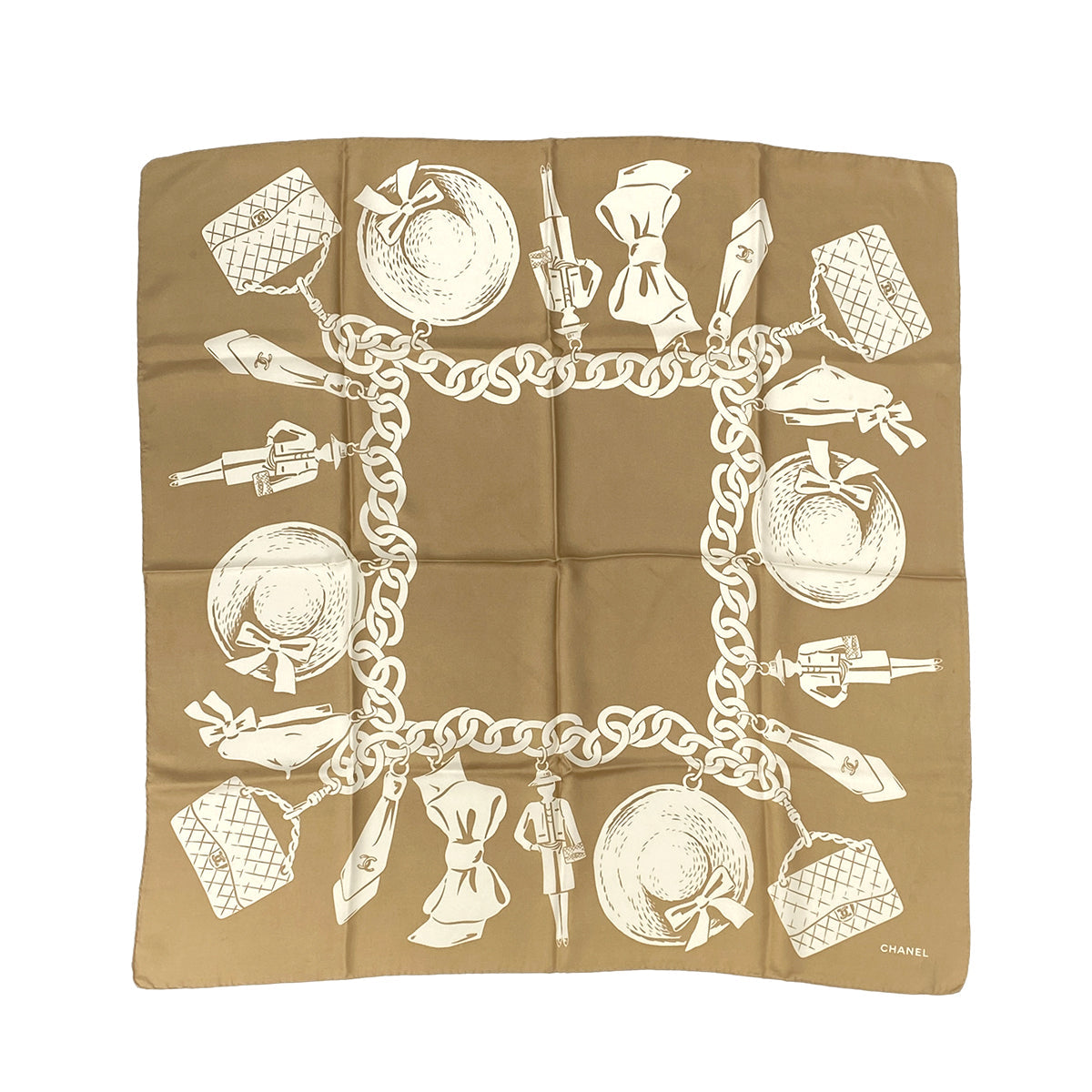 CHANEL VINTAGE SCARF BEIGE WHITE SILK 90303497