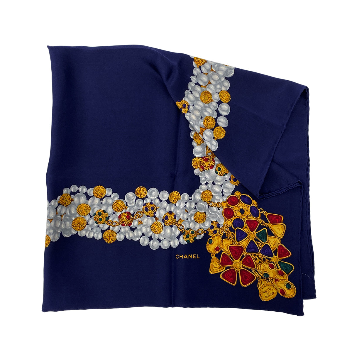 CHANEL VINTAGE SCARF NAVY MULTICOLOR SILK 90303503