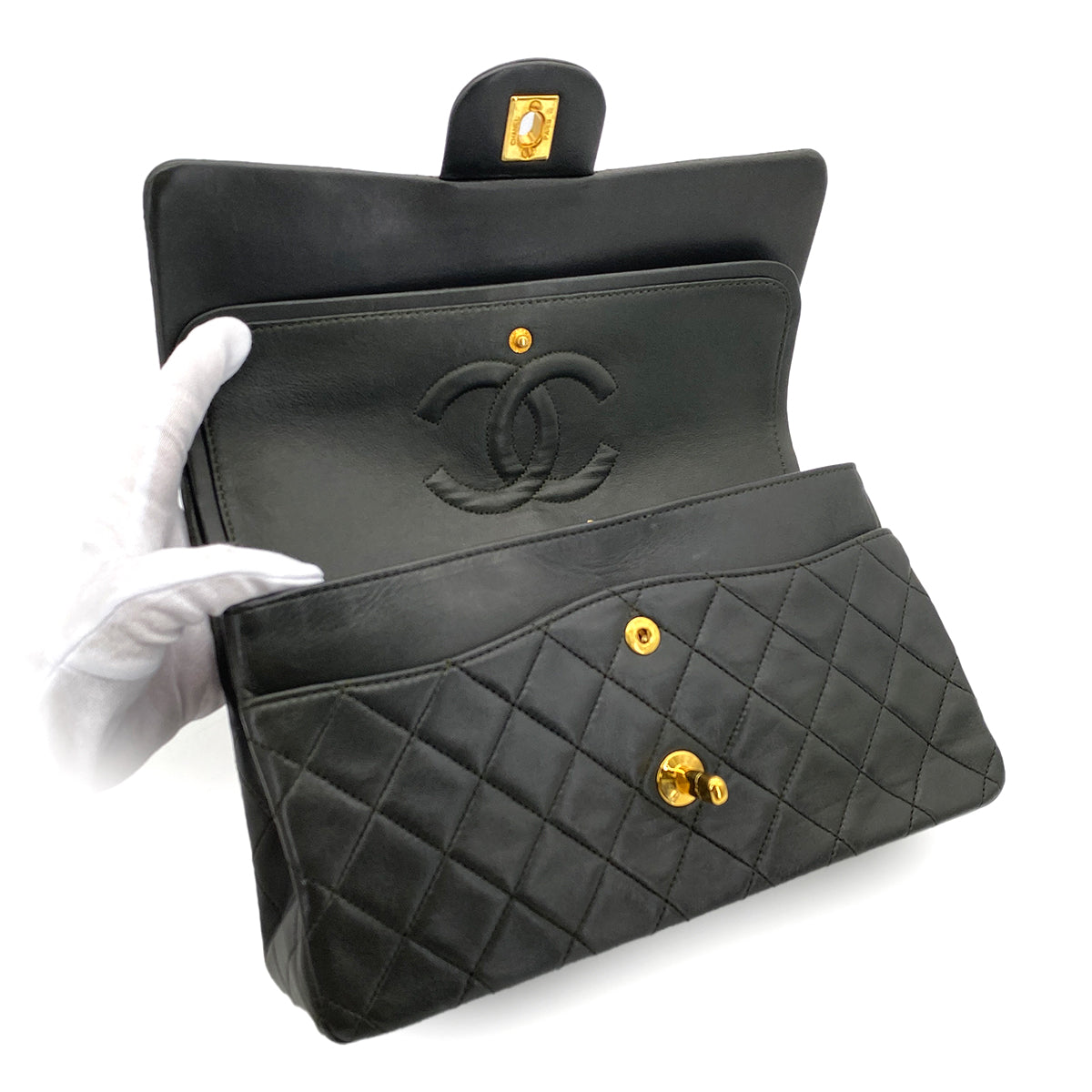 CHANEL VINTAGE CLASSIC FLAP MEDIUM CHAIN SHOULDER BAG KAHKI LAMB SKIN 90303729