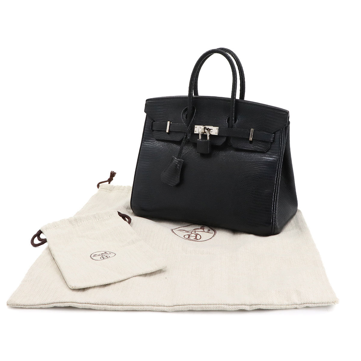 HERMES Birkin 25 Lizard Black Handbag with L Stamp and Silver Hardware, Item Number 90303742