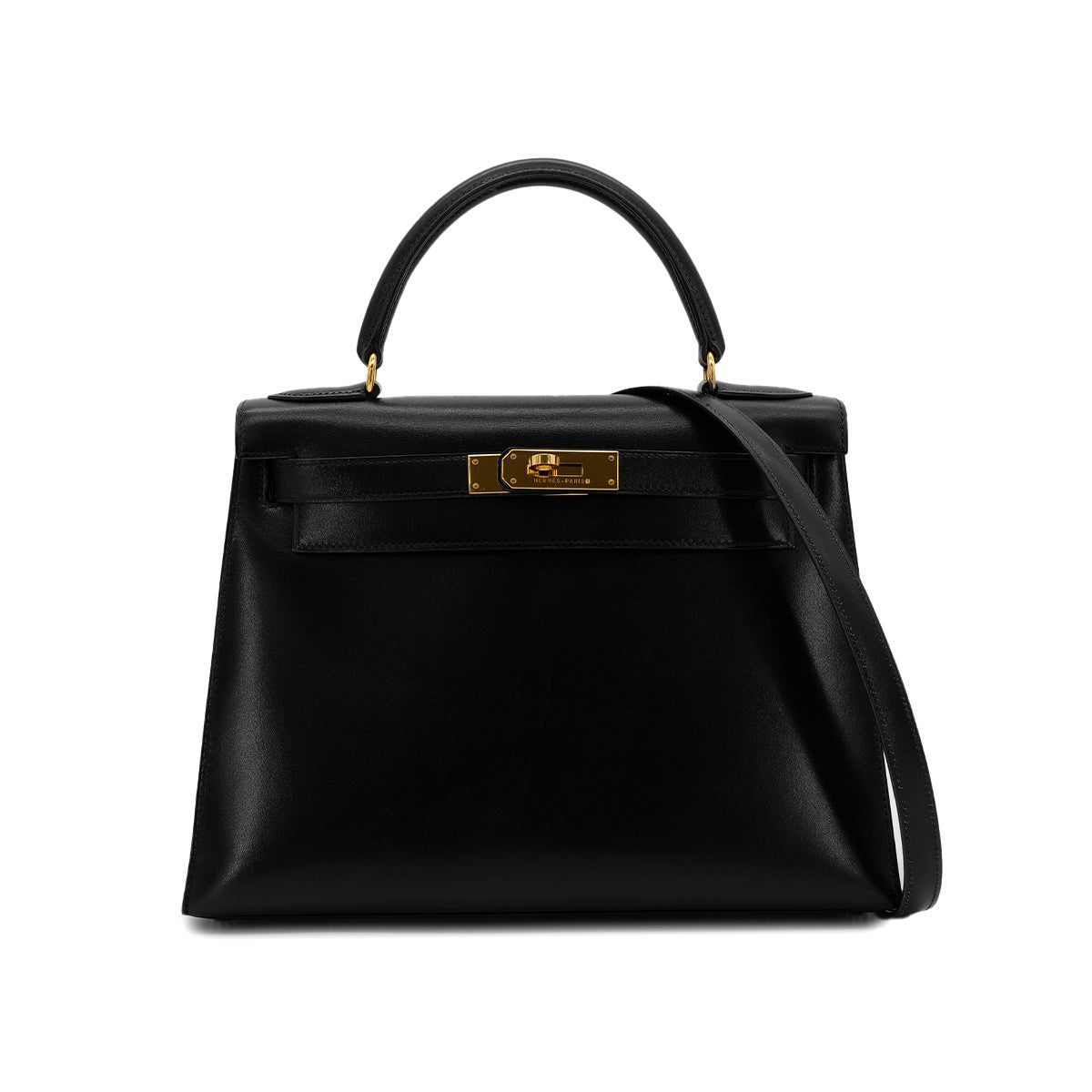 HERMES KELLY 28 SELLIER BLACK BOXCALF HAND SHOULDER BAG 〇X GHW 90304099