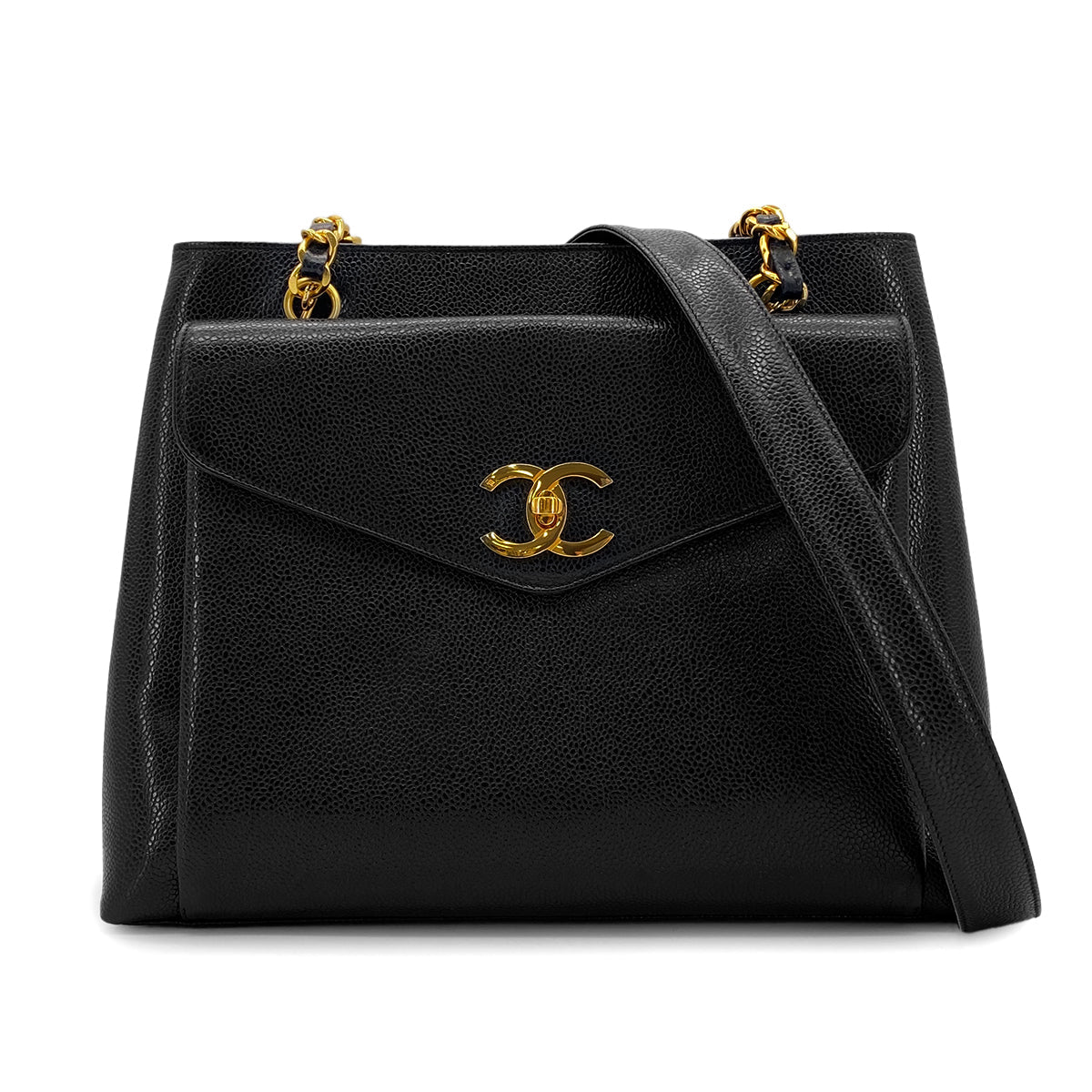 CHANEL VINTAGE TURN LOCK CHAIN TOTE SHOULDER BAG BLACK CAVIAR SKIN 90304102
