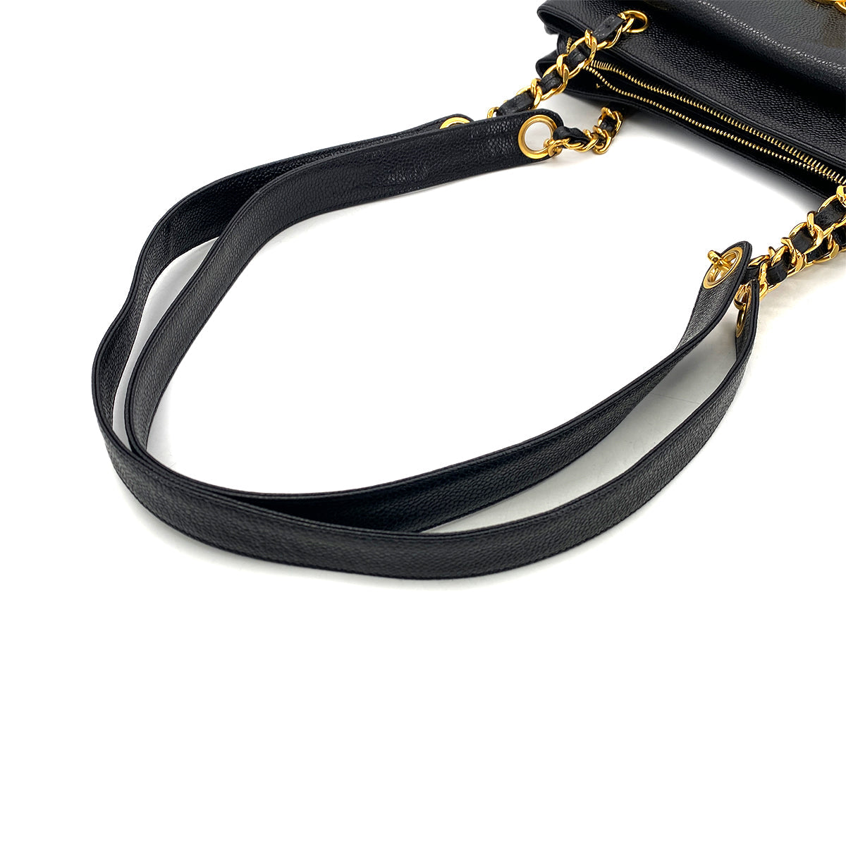 CHANEL VINTAGE TURN LOCK CHAIN TOTE SHOULDER BAG BLACK CAVIAR SKIN 90304102