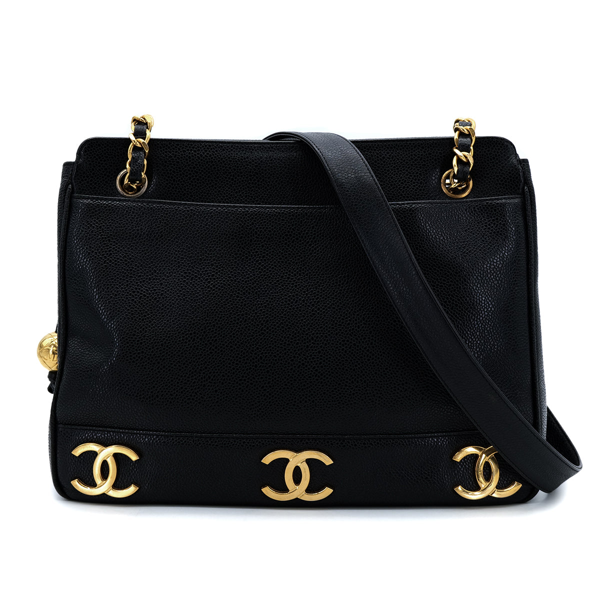 CHANEL VINTAGE TRIPLE COCO CHAIN TOTE BAG BLACK CAVIAR SKIN 90304692