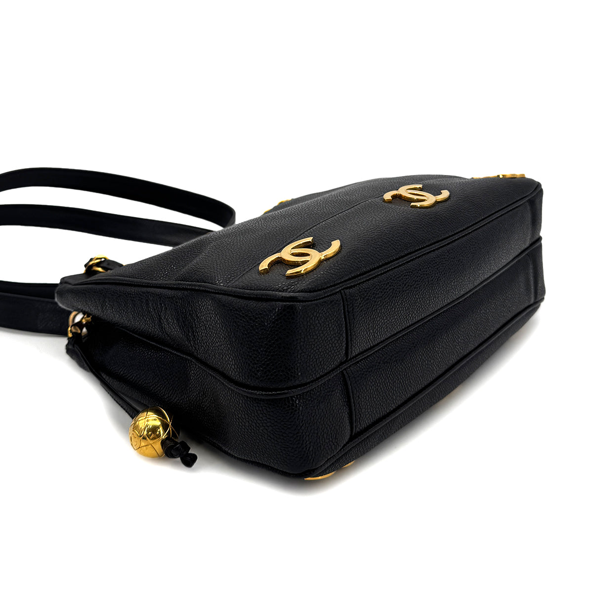 CHANEL VINTAGE TRIPLE COCO CHAIN TOTE BAG BLACK CAVIAR SKIN 90304692