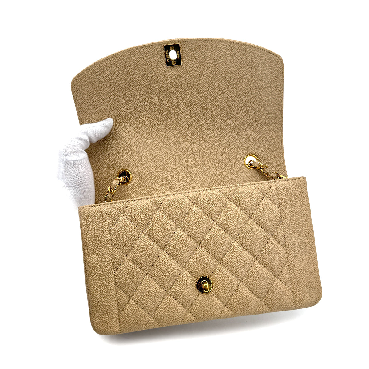 CHANEL VINTAGE DIANA MEDIUM CHAIN SHOULDER BAG BEIGE CAVIAR SKIN 90304980