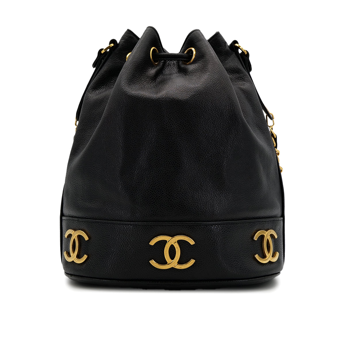 CHANEL VINTAGE TRIPLE COCOMARK DRAWSTRING CHAIN SHOULDER BAG BLACK CAVIAR SKIN 90305117