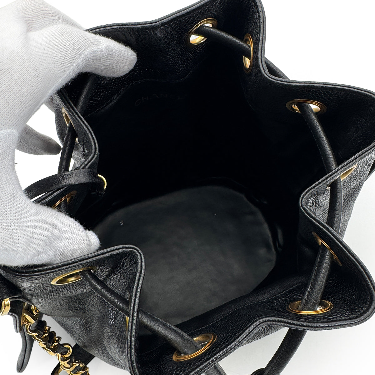 CHANEL VINTAGE TRIPLE COCOMARK DRAWSTRING CHAIN SHOULDER BAG BLACK CAVIAR SKIN 90305117