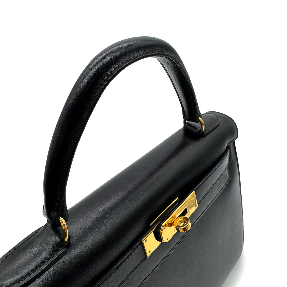 HERMES KELLY 28 SELLIER BLACK BOXCALF HAND SHOULDER BAG □A GHW 90305221