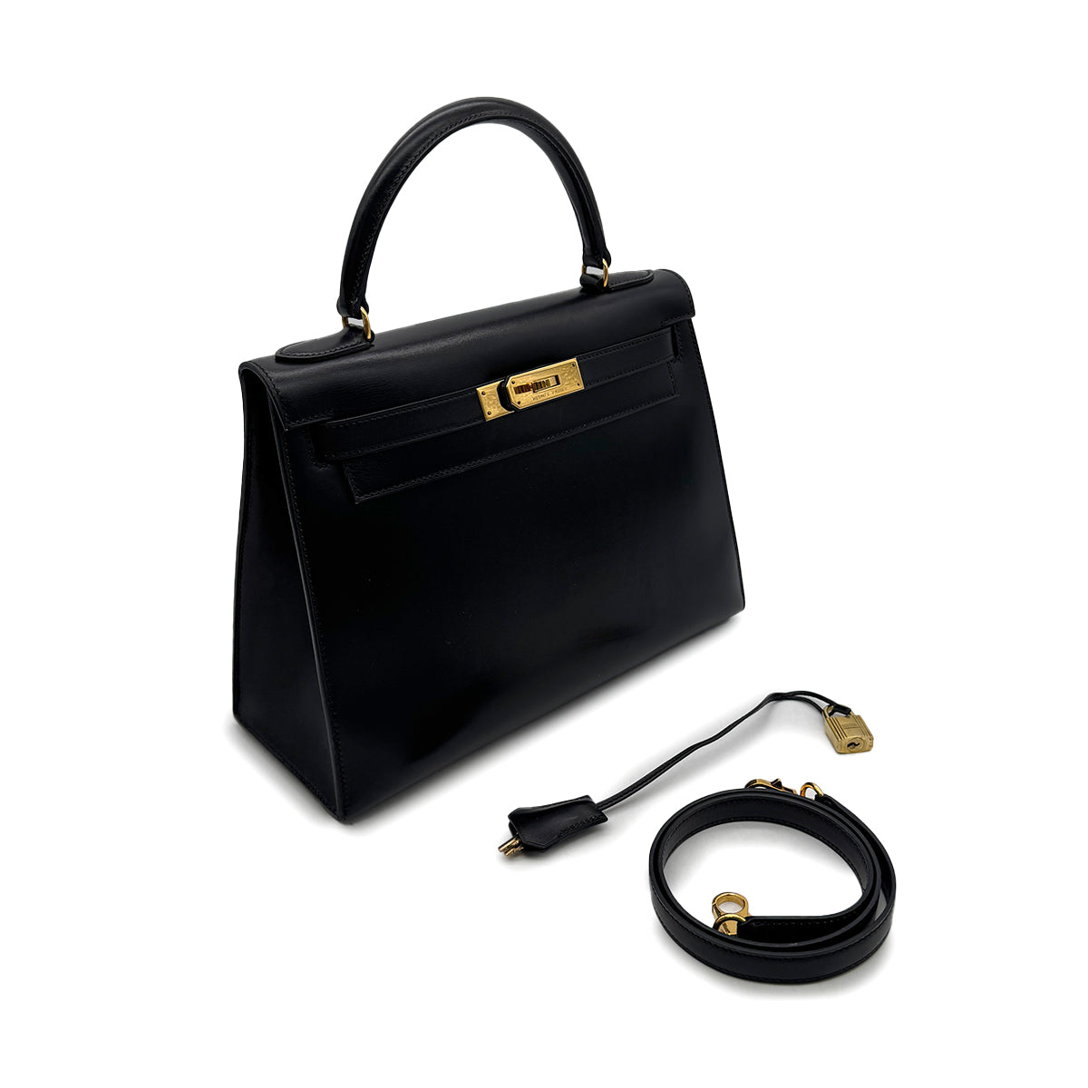 HERMES KELLY 28 SELLIER BLACK BOXCALF HAND SHOULDER BAG 〇U GHW 90306558