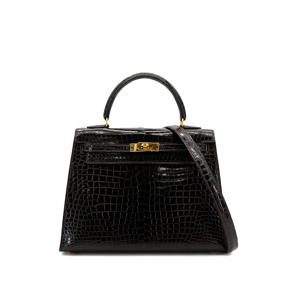 HERMES KELLY 25 SELLIER DARK BROWN POROSUS CROCODILE HAND SHOULDER BAG □C GHW 90305676