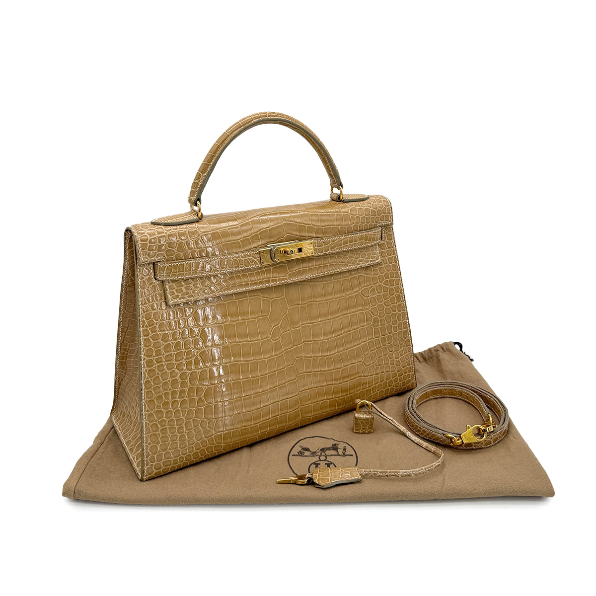 HERMES KELLY 32 SELLIER BEIGE ROSE CROCODILE POROSUS HAND SHOULDER BAG □C GHW 90306274 - PURPOSE