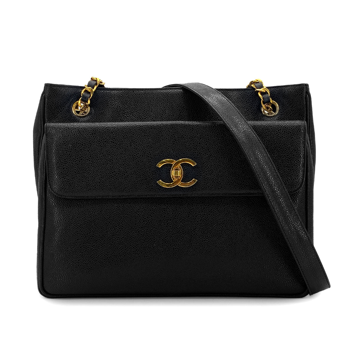 CHANEL VINTAGE BIG COCO CHAIN SHOULDER BAG BLACK LAMB SKIN 90306317